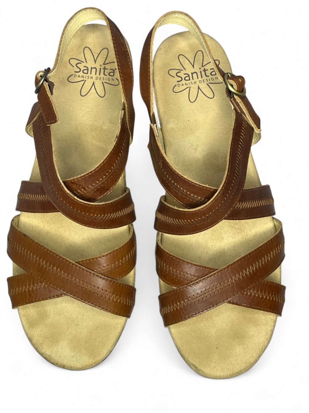 Sanita Brown Leather Criss Cross Wooden Clog Ankle Strap Wedge Sandals EU 40
